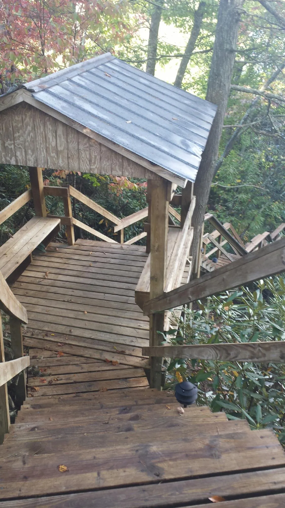 Metal roofed shelter over wooden steps on a wooded walkway — Skylight Repair & Installation work by our crew in Bath
